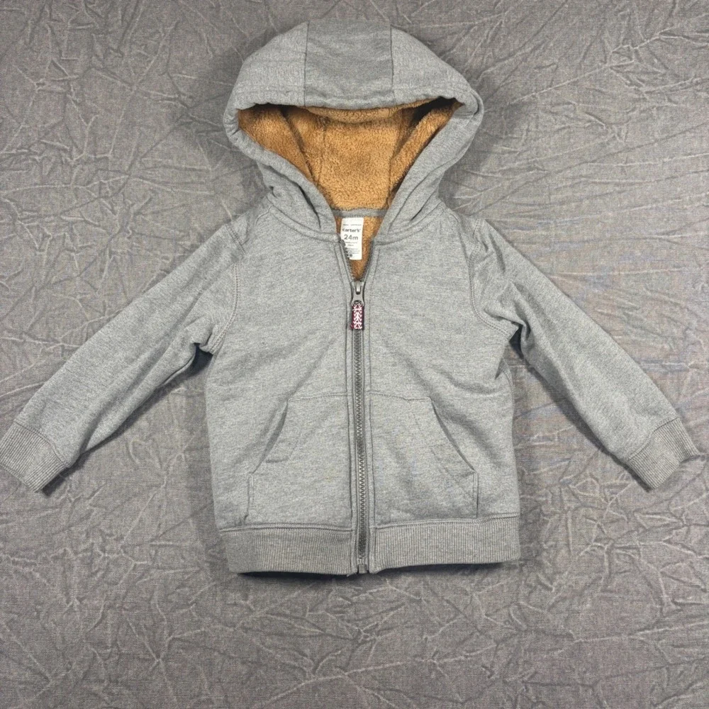 Carter's Hoodie Unisex 24M Gray Sherpa Lined Full Zip Fleece Sweatshirt Jacket